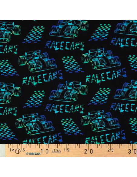 Race cars printed jersey fabric - Black background