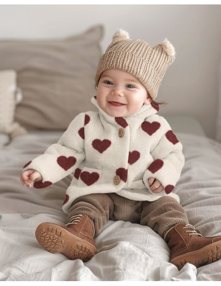 Teddy fur fabric - Red hearts