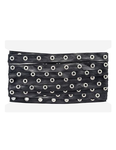 Black faux leather ribbon with silver eyelets – 20 mm