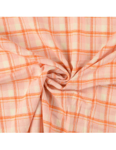 Light pink tartan flannel fabric with orange stripes