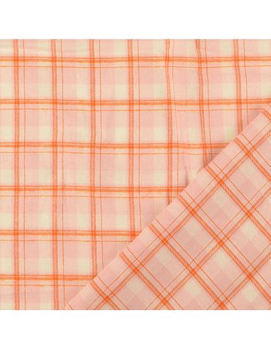 Light pink tartan flannel fabric with orange stripes