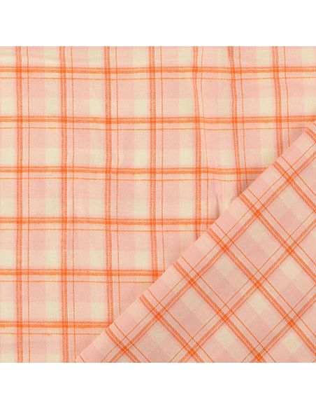 Light pink tartan flannel fabric with orange stripes