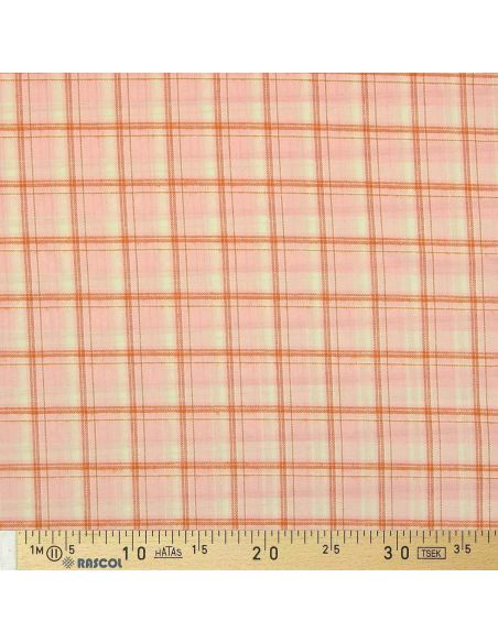 Light pink tartan flannel fabric with orange stripes