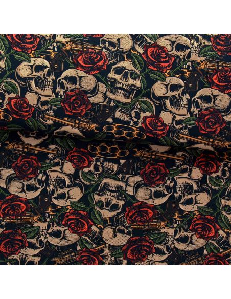 Premium cotton fabric - Skulls and roses