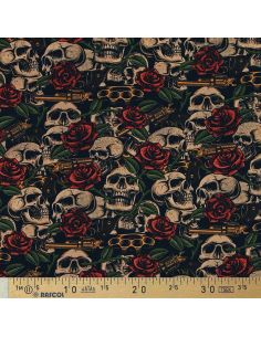Premium cotton fabric - Skulls and roses 2