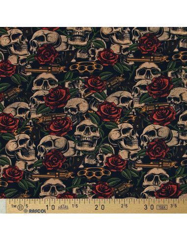 Premium cotton fabric - Skulls and roses
