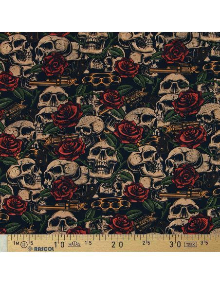 Premium cotton fabric - Skulls and roses