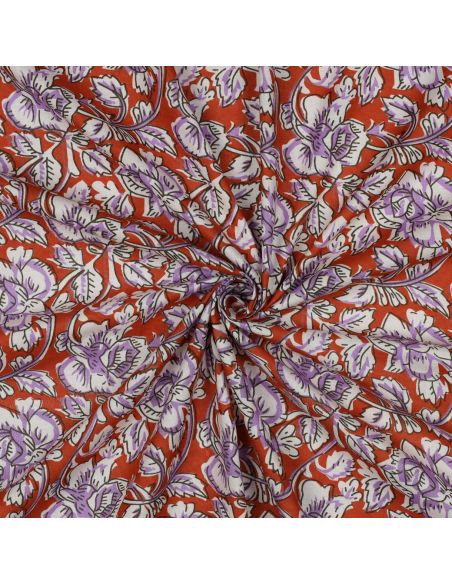 Indian cotton fabric block print Jasmine - Terracotta