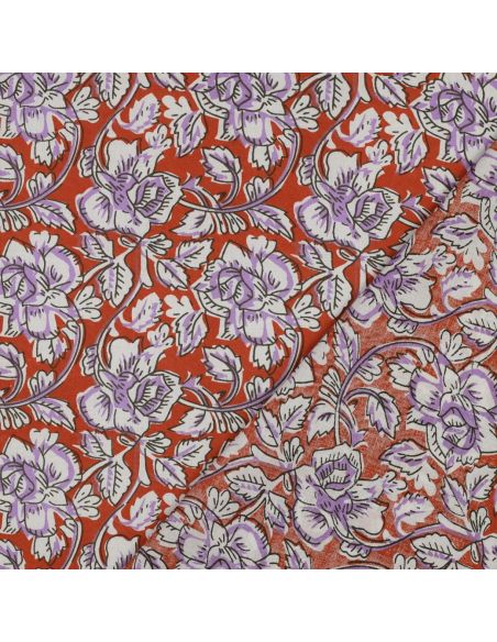 Indian cotton fabric block print Jasmine - Terracotta