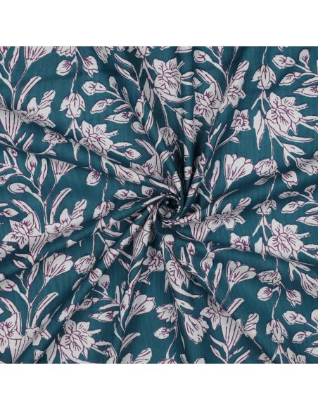 Indian cotton fabric block print Kirine - Petrol blue