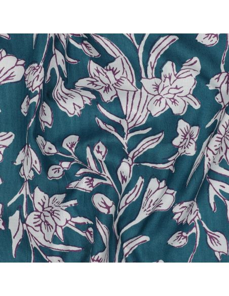 Indian cotton fabric block print Kirine - Petrol blue