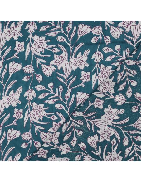 Indian cotton fabric block print Kirine - Petrol blue