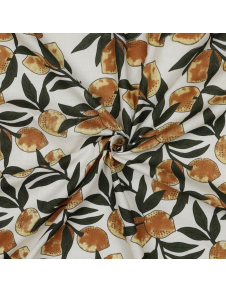 Indian cotton fabric block print Lemons - Green leaves