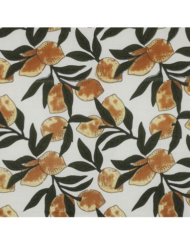 Indian cotton fabric block print Lemons - Green leaves
