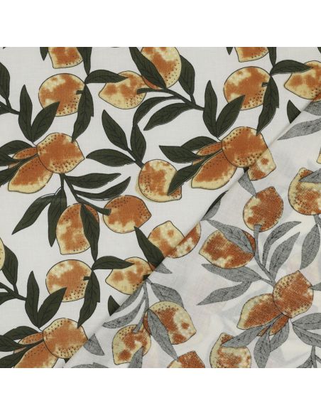 Indian cotton fabric block print Lemons - Green leaves