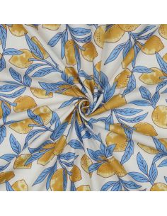 Indian cotton fabric block print Lemons - Blue leaves