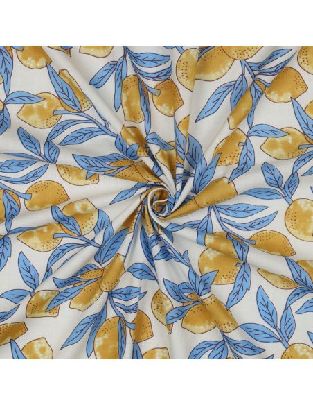 Indian cotton fabric block print Lemons - Blue leaves