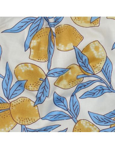 Indian cotton fabric block print Lemons - Blue leaves