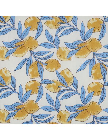 Indian cotton fabric block print Lemons - Blue leaves
