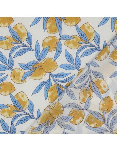 Indian cotton fabric block print Lemons - Blue leaves