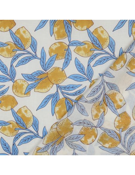 Indian cotton fabric block print Lemons - Blue leaves
