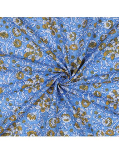 Indian cotton fabric block print Myrène - Blue