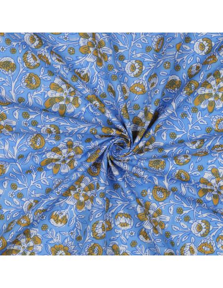 Indian cotton fabric block print Myrène - Blue