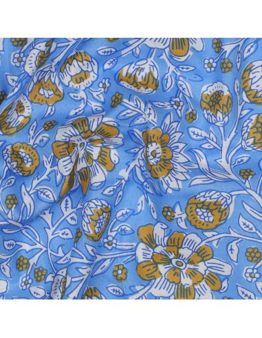 Indian cotton fabric block print Myrène - Blue