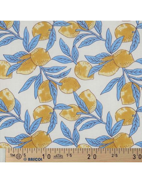 Indian cotton fabric block print Lemons - Blue leaves