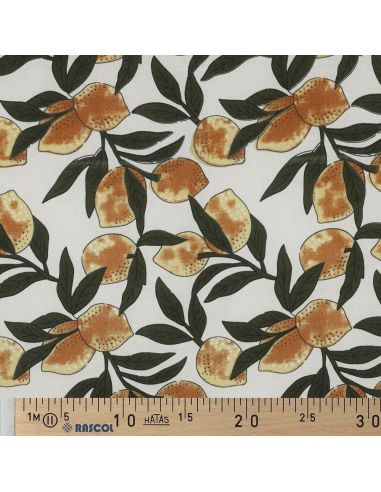 Indian cotton fabric block print Lemons - Green leaves