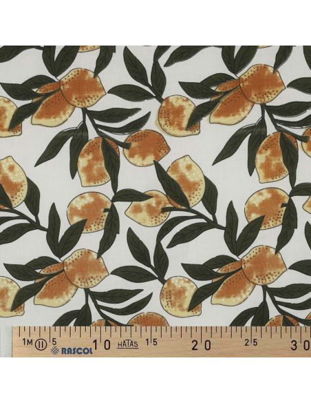 Indian cotton fabric block print Lemons - Green leaves