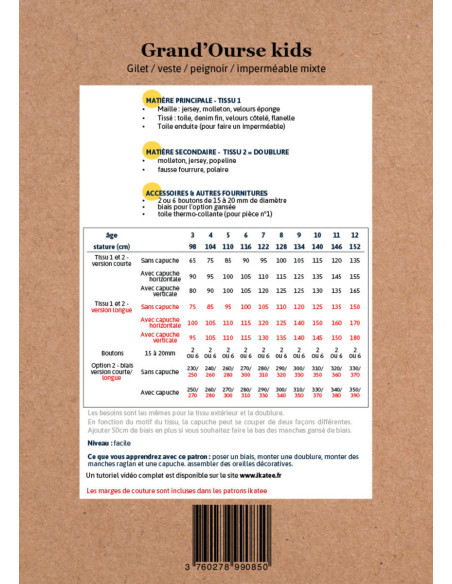 Pattern for vest, jacket, bathrobe, and raincoat Grand Ourse - Ikatee