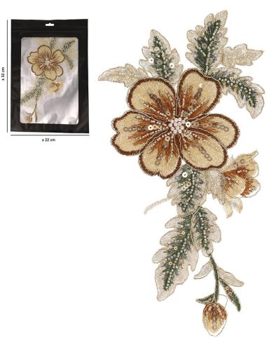 XL Brown Flower Beaded Patch - Sew-on