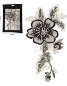 XL flower patch with beads to sew - Gray and black