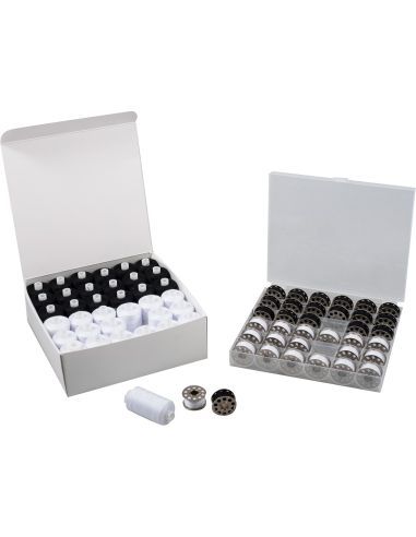 Sewing thread kit & flat metal bobbins – 72 pieces – black & white