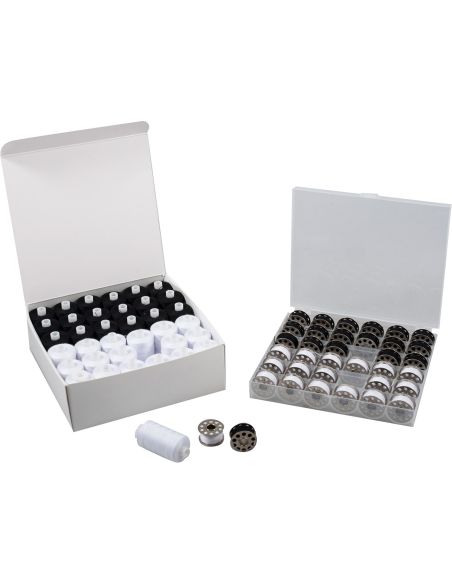 Sewing thread kit & flat metal bobbins – 72 pieces – black & white