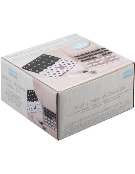 Sewing thread kit & flat metal bobbins – 72 pieces – black & white