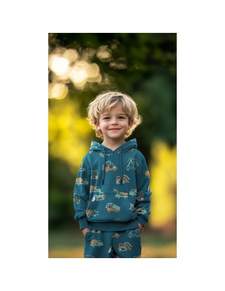 Light sweatshirt fabric construction vehicles - Petrol blue