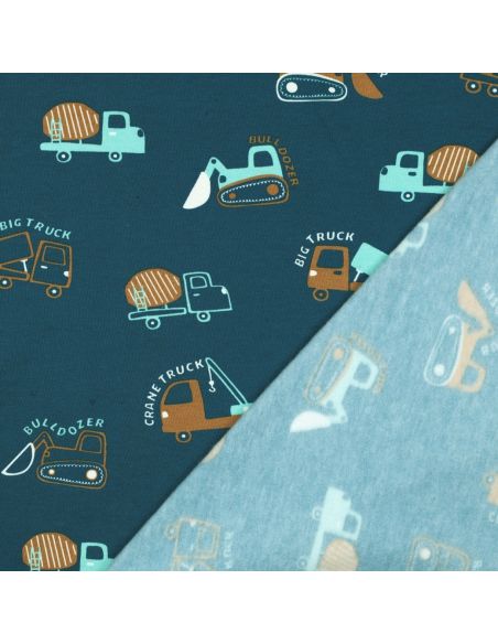 Light sweatshirt fabric construction vehicles - Petrol blue