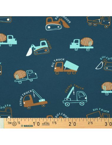 Light sweatshirt fabric construction vehicles - Petrol blue