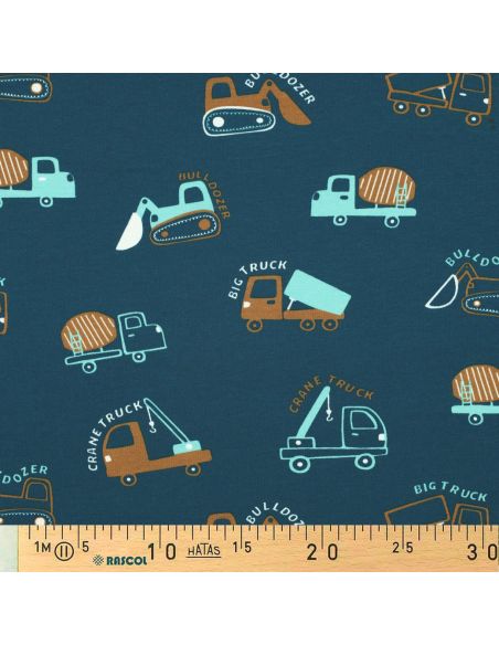 Light sweatshirt fabric construction vehicles - Petrol blue