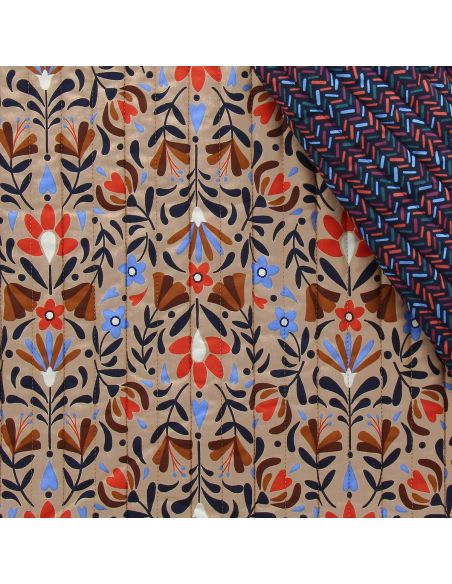Lafleur quilted cotton fabric - Beige and blue